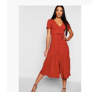 NEW Boohoo Front Ruffle Hem Midi Dress